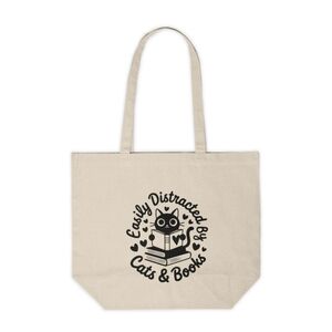 Easily Distracted By Cats & Books Custom Canvas Tote Bag